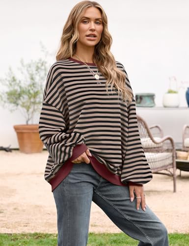 UEU Women Oversized Striped Crewneck Sweatshirt Long Sleeve Casual Pullover - color: Black Coffee Stripe, size: XX-Large