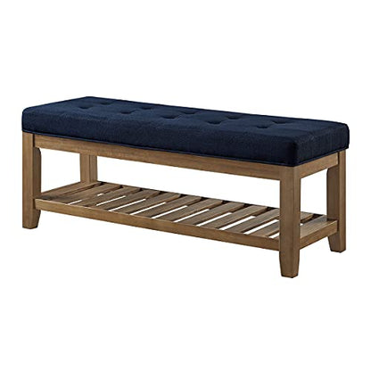 24KF Large Rectangular Upholstered Tufted Linen Fabric Ottoman Bench, Padded Bench with Solid Wood Shelf-Navy Blue - color: Navy Blue-bench, size: 15.8"D x 44"W x 18"H