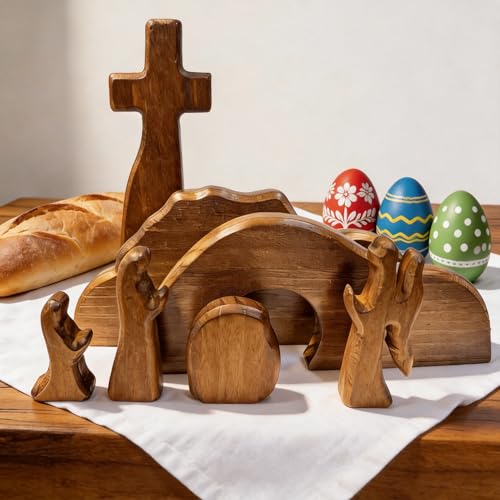 DZX The Empty Tomb Easter Scene and Cross, Wooden Easter Resurrection Scene Cross Jesus Tomb Tray Set, Jesus Nativity Scene Decor for Religious,Christian Gifts,Home Office Tabletop. (A)