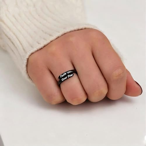 Faith Over Fear Cross Inspirational Rings for Women Daughter, Christian Blessed Hope Love Encouragement Rings Adjustable Open Tiny Purity Wrap Thumb Cross Ring Jewelry Graduation Cocktail Party - color: Black