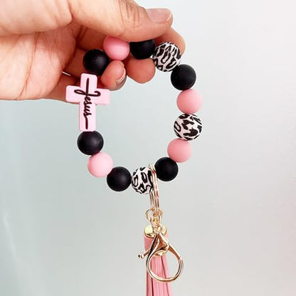 Silicone Beaded Jesus Cross Wristlet Keychain Leather Tassel,Key Ring Wrist Bangle,Key Chains Bracelet Women - color: Rose Cross