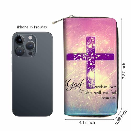 Christian Cross Bible Verse Psalm 46:5 Print Wallet for Women Large Capacity Wallet Credit Card Holder PU Leather Zipper Clutch Purse Phone Wallet - color: Christian Cross Bible Verse Psalm 46:5