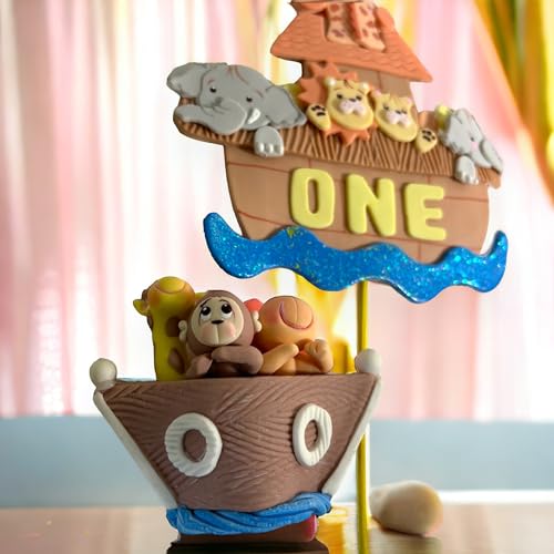 Noah's Ark Cake Toppers Set, Birthday Party, Baby Shower decoration, Animal theme party, Handmade, cute baby decor (Centerpiece "ONE" + 3D)