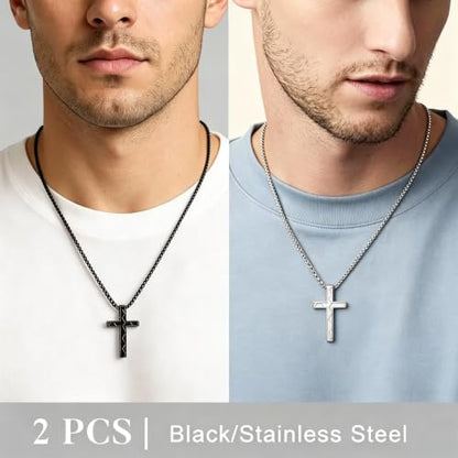 Cross Necklace for Boys Men, 2 PCS Soccer Cross Necklace Gift Set, 316L Stainless Steel Bible Verse Christian Jewelry Gifts for Boys Teens Men Soccer Players with Message Card, Gift Box, Black & Silver