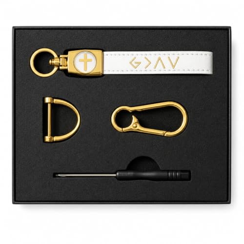Christian Cross Leather Keychain for Men – Christian Gift for Dad Husband Son - color: White/Gold – God is Greater (Gift Box)