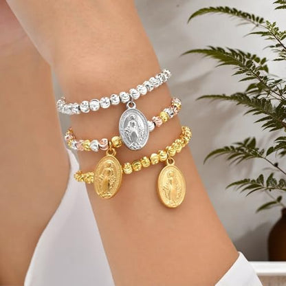 Rnivida 14K Gold Plated Stainless Steel Catholic Rosary Bracelet for Women,Religious Gift for Confirmation Baptism First Communion Easter - color: Silver