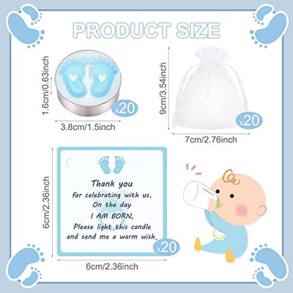 Treela 20 Sets Baby Shower Favor Blue Tea Light Candles Organza Bag Cards - color: Blue