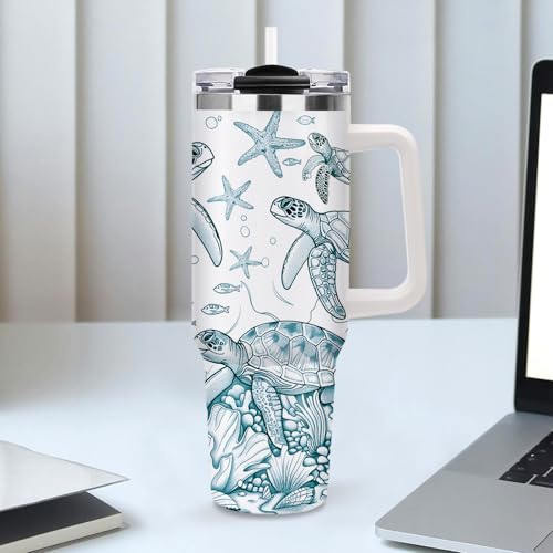 40oz Sea Turtle Tumbler with Straw Handle, Ocean Theme Gifts for Women Girls, Marine Life Stainless Steel Insulated Travel Coffee Mug Drink Cup for Teenagers Youth Birthday Graduation Beach Vacation - color: Sea Turtle-D-177