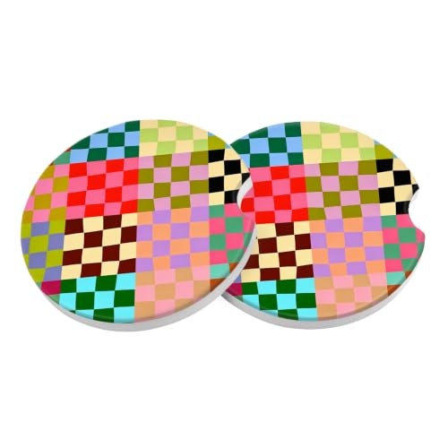 Car Coasters 2 Pack, Small 2.56" Stone Car Interior Cupholder Absorbent Coaster with Cork Back for Women Men Coffee Drink Cup Coasters (Colorful Checkered) - color: Colorful Checkered