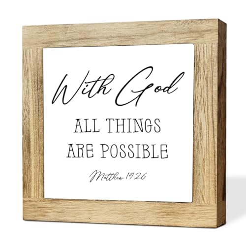 Christian Wood Decor, Inspirational Sign, With God Matthew 19:26 Quote, Rustic Wood Plaque For Office Bedroom Shelf Decor, Housewarming Gift, Holiday Gift, 5.9 x 5.9 in - color: Religion Sign 01