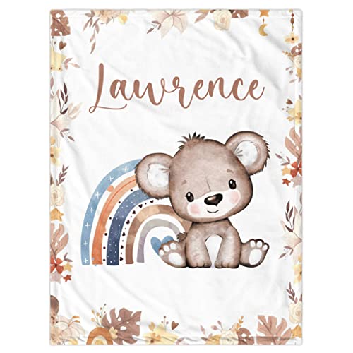 Personalized Baby Blanket for Boys, Custom Baby Blanket with Name Super Soft Personalized Name Blankets for Kids, Custom Little Bear Blankets for Infant Toddler, Babys Gifts for Birthday - color: Cute Rainbow and Bear