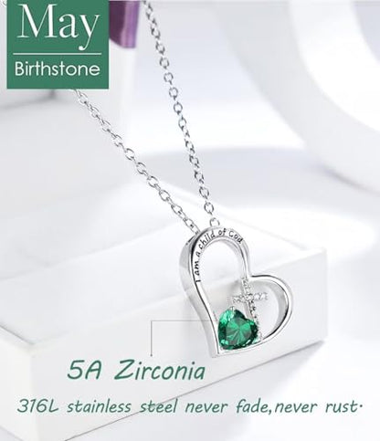 Birthstone Cross Necklace for Girls, Child of God Cross Gifts Jewelry - color: 05. May, style: 01. Silver