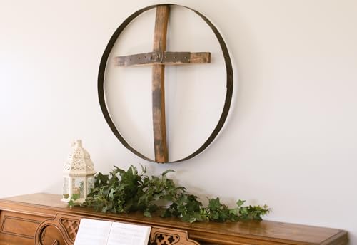 AmishToyBox.com Rustic Barrel Ring With Cross Decorative Wall Art, Reclaimed Whiskey Barrel Art