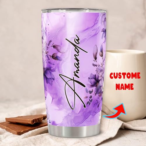 Personalized Floral Tumbler Custom Name Flower Insulated cups Travel Coffee Mug with Lids Stainless Steel 20 30 Oz Purple Gifts for Women Girl Birthday - color: Flower 628