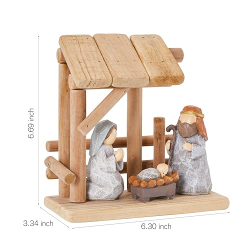 Christian Nativity Scene Decoration with Gift Box, Hand-Painted Resin Figurines with Wooden Stable, 6.7 Inches Tall, Perfect for Christmas Tabletop, Holiday Dining Table & Fireplace Decor