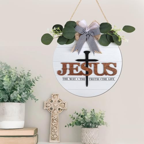 HOURIA 3D Jesus Christian Cross Wooden Door Wreath Sign(11.4”x11.4”) - color: Jesus Christian Cross Decor