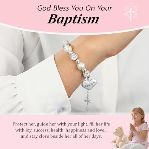 First Communion Confirmation Baptism Cross Bracelet for Girls, Catholic Jewelry Gifts for Kids Daughter Goddaughter Granddaughter 6+2 Inches - style: Baptism
