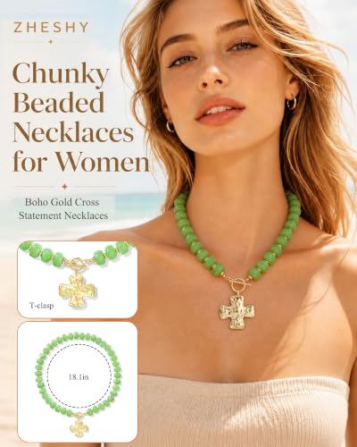 ZHESHY Chunky Beaded Necklaces for Women Heart Cross Statement Necklace - color: Green 1