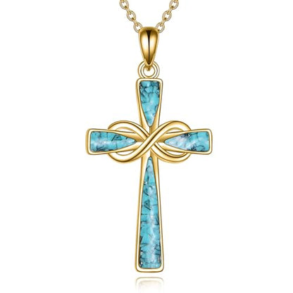 Infinity Cross Necklace S925 Sterling Silver Turquoise/Wooden/Opal/Abalone Cross Pendant Necklaces Christian Jewelry Gifts For Women - style: 18k Gold Plated Turquoise Cross