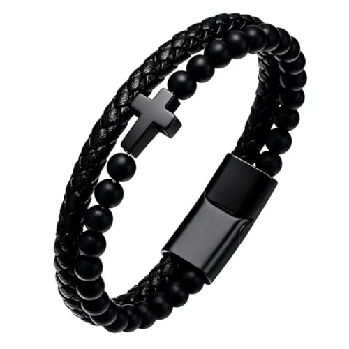 Kim Carrey Italian Handmade Leather Bracelets for Men - color: Black Cross, size: 8.2"