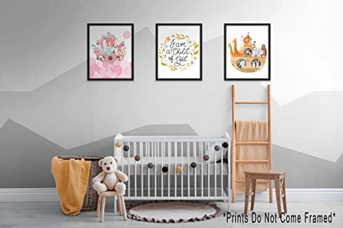 Christian nursery wall art, Christian posters for girls, religious posters for kids, biblical poster prints, child of god decor - Set of 3 (8 inches by 10 inches) Pink Noah's Ark
