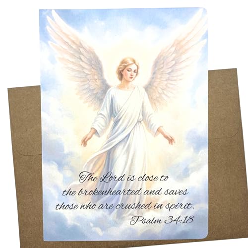 Religious Sympathy Card for Loss of Loved One with Angel and Psalm 34:18 (5X7 Inch, Tasteful Message Inside) Spiritual My Condolences Cards for Bereavement - 1398