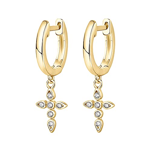 PAVOI 14K Gold Plated 925 Sterling Silver Posts Cross Earrings for Women | Small Religious Faith Cubic Zirconia Cross Studs Huggies Earrings - style: Dangle