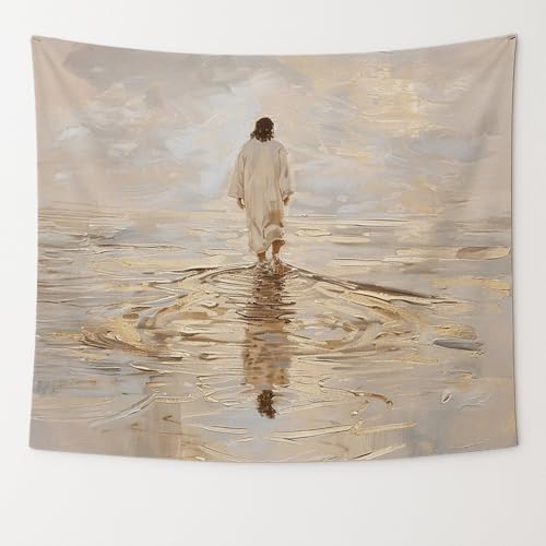 bitCNY Jesus Walking on Water Golden Glow Tapestry – Christian Wall Hanging with Divine Light, Faith-Inspired Religious Home Decor, 50x60 Inch - color: white-Water Golden Glow