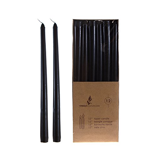 Mega Candles 12 pcs Unscented Black Taper Candles, Hand Poured Wax Candle 12 Inch x 7/8 Inch, Home Décor, Wedding Receptions, Centerpieces, Occasions, Events, Romantic Dinners, Prayer, Holders - color: Black