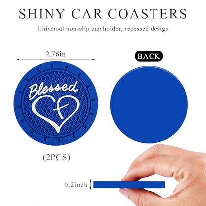 KVAEY 2 PCS Car Cup Holder Coasters, 2.76 Inch Anti Slip Vehicle Drink Mats with Cute Blessed Cross and Heart, Shockproof, Universal Car Accessories (Blue, 2 PCS) - color: Blue, size: 2 PCS