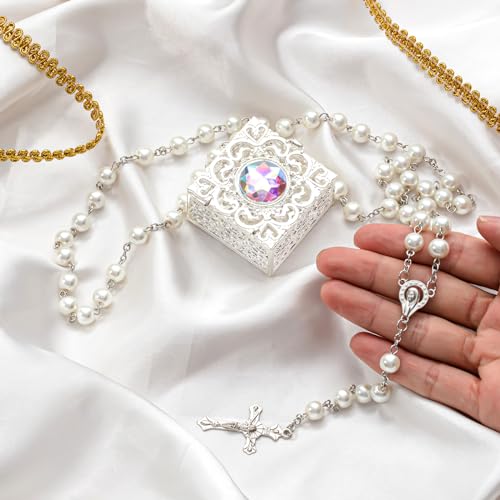 ROCEEI Catholic Rosary Necklace Pearl Rosary Bead with Box - color: White