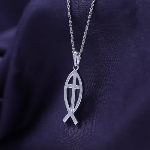 Christian Fish Cross Pendant Necklace for Women Religious Faith Jewelry - color: white-gold-plated-silver