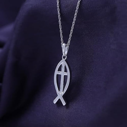 Christian Fish Cross Pendant Necklace for Women Religious Faith Jewelry - color: white-gold-plated-silver