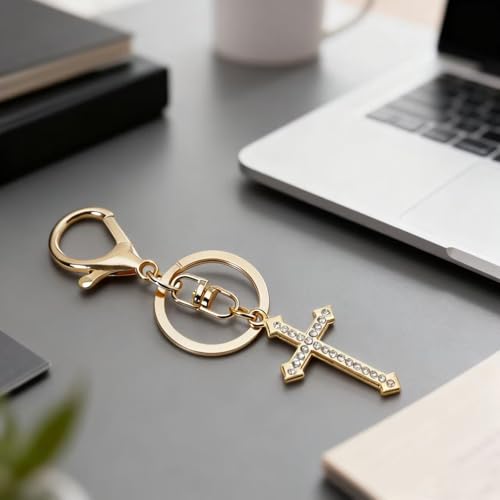 12 Pcs Christian Cross Keychains with Rhinestone-Religious Gifts - color: Golden