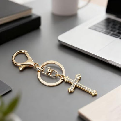 12 Pcs Christian Cross Keychains with Rhinestone-Religious Gifts - color: Golden