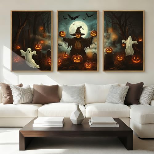Anyzal Large Halloween Ghost Framed Wall Art 16x24 Inch Black Spooky Pumpkin Canvas Wall Decor Dark Moody Forest Artwork for Living Room Bedroom Dining Room Set of 3 - color: Dark Halloween, size: 24"L x 16"W