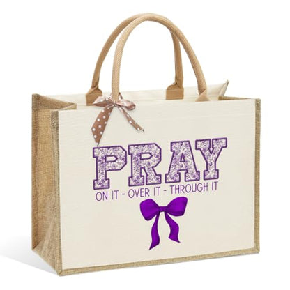 KongMoTree Christian Tote Bags, Coquette Bow Bag with Floral Christians Gifts for Mom, Wife, Sisters, Best Friends - color: Pray on It Over It Through It Purple