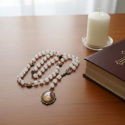 Nazareth Store Our Lady of Sorrows Stone Beads Rosary Solid Beaded Chaplet Necklace with Epoxy 7 Seven Sorrows Medallion - color: Clear Agate