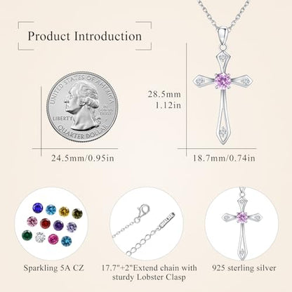 Cross Necklace for Women,925 Sterling Silver Faith Jewerly Gift - color: 10-October-Pink