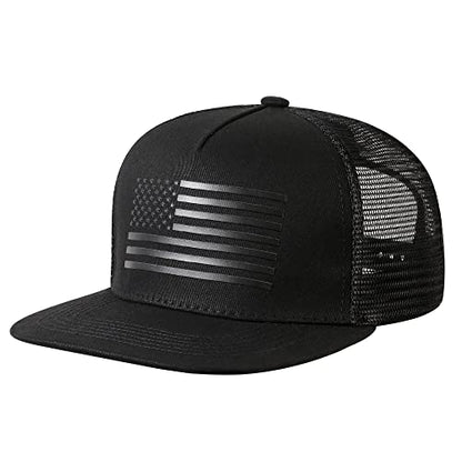 UALON Baseball Cap, Snapback Trucker Hat for Men & Women with American Flag and Adjustable, Breathable Mesh, Flat Bill Hats - color: Black/Black
