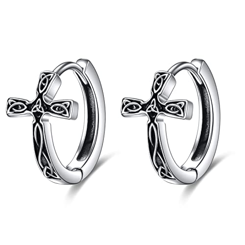AOBOCO Black Hoops Earrings for Men Sterling Silver Viking Celtic Cross Heart Skull Round Triangle Hoop Earrings Birthday Father Day Christmas Jewelry Gifts for Men Women Friends - style: Celtic Cross Hoop