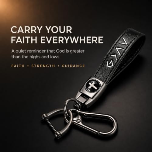 Christian Cross Leather Keychain for Men – Christian Gift for Dad Husband Son - color: Black – God is Greater