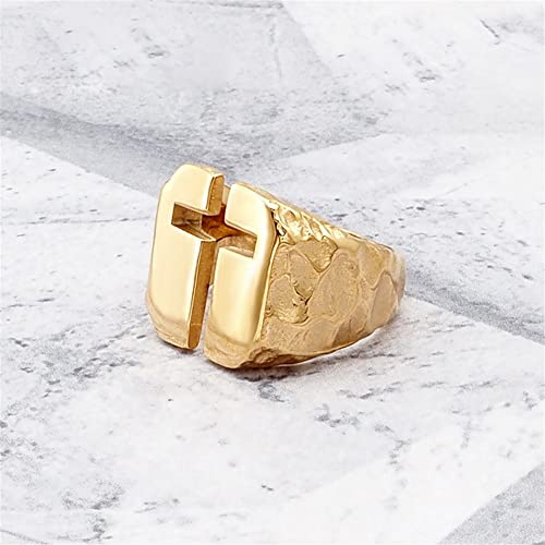 Men's Stainless Steel Ring Cutout Christian Cross Statement Signet Rings - color: gold
