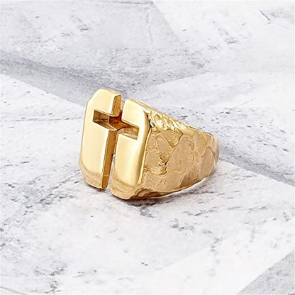 Men's Stainless Steel Ring Cutout Christian Cross Statement Signet Rings - color: gold