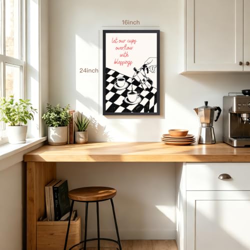 OPFDE Wood Framed Coffee Wall Art, Let Our Cups Overflow with Blessings Poster Print, Vintage Moka Pot Coffee Faith Wall Decor, Black and White Cafe Kitchen Artwork for Kitchen Office 12x16 Inch - color: Blessing, size: 16"L x 12"W