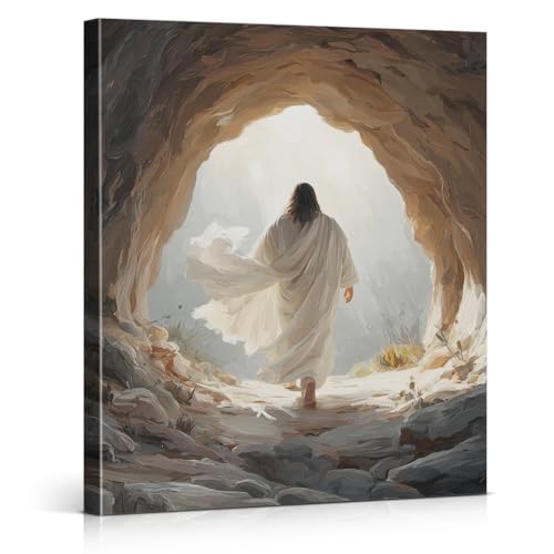 Jesus Resurrection Easter Wall Art Print - He Is Risen Canvas Picture Painting Easter Wall Decor for Home Farmhouse Prayer Room 8x10 Framed - color: color-B