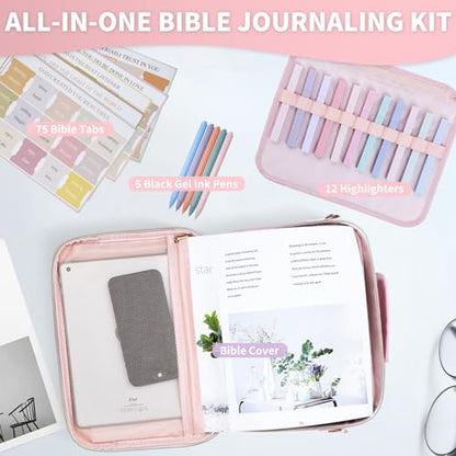 KOPKOFT Bible Cover Case for Women, Large Chenille Letter Leather Bible Case with Bible Study Accessories, Bible Study Supplies Bible Journaling Kit, Christmas Christian Gift for Women Girls (Pink) - color: Pink
