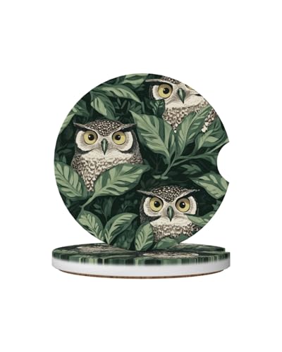 Ceramic Car Cup Coasters 2PCS - Green Leaf Owl - color: Green Leaf Owl
