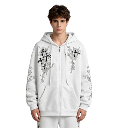 Zip Up Oversized Hoodies Women Men, Graphic Gothic Jackets Cross Hoodie, Baggy Streetwear Fleece Sweater Unisex - color: White, size: Medium