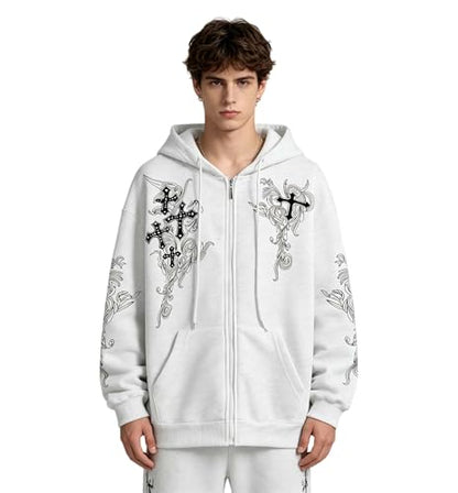 Zip Up Oversized Hoodies Women Men, Graphic Gothic Jackets Cross Hoodie, Baggy Streetwear Fleece Sweater Unisex - color: White, size: Small